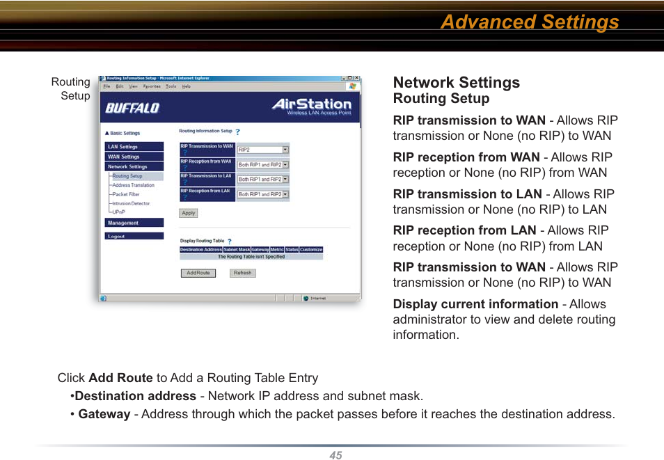 Advanced settings | Buffalo Technology WHR3-G54 User Manual | Page 45 / 95