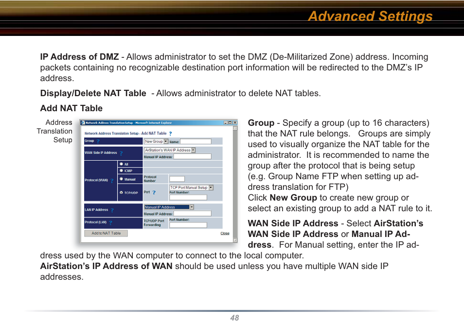 Advanced settings | Buffalo Technology WHR3-G54 User Manual | Page 48 / 95