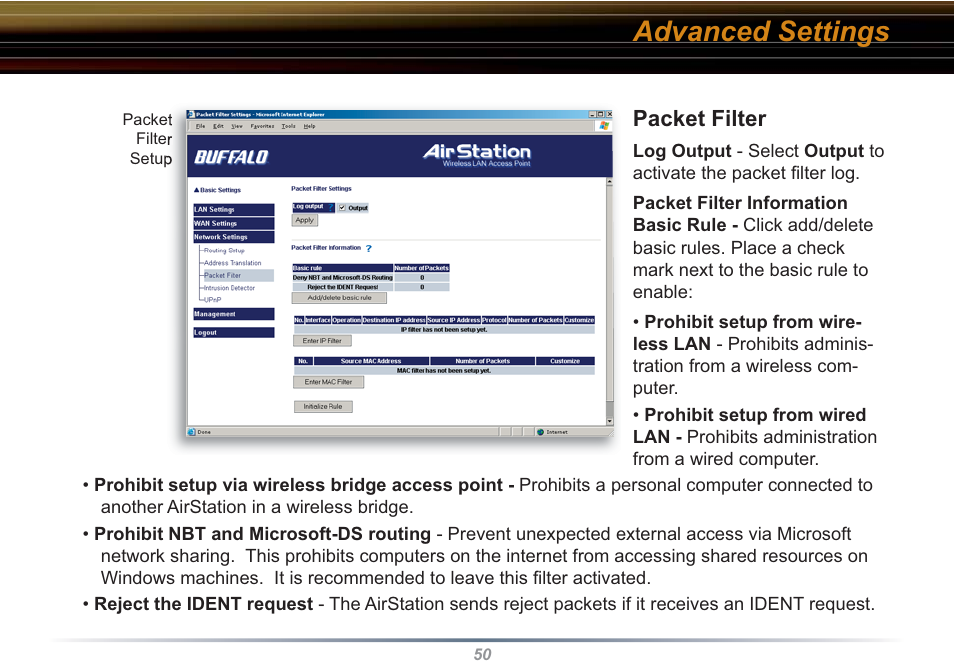 Advanced settings, Packet filter | Buffalo Technology WHR3-G54 User Manual | Page 50 / 95