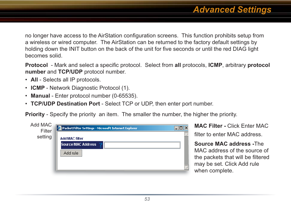 Advanced settings | Buffalo Technology WHR3-G54 User Manual | Page 53 / 95