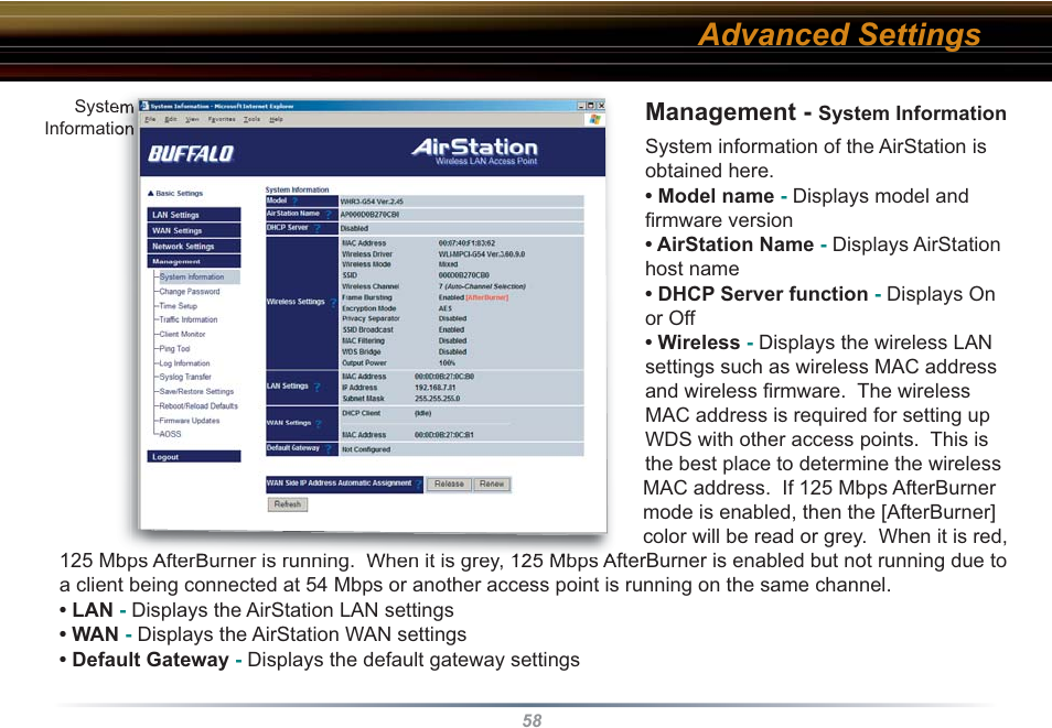 Advanced settings, Management | Buffalo Technology WHR3-G54 User Manual | Page 58 / 95