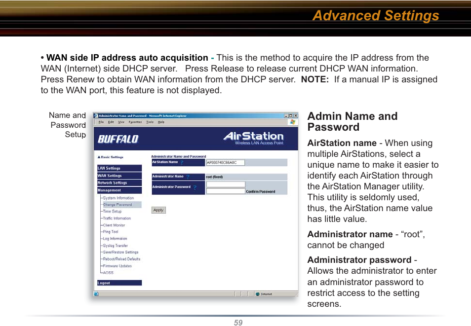 Advanced settings, Admin name and password | Buffalo Technology WHR3-G54 User Manual | Page 59 / 95