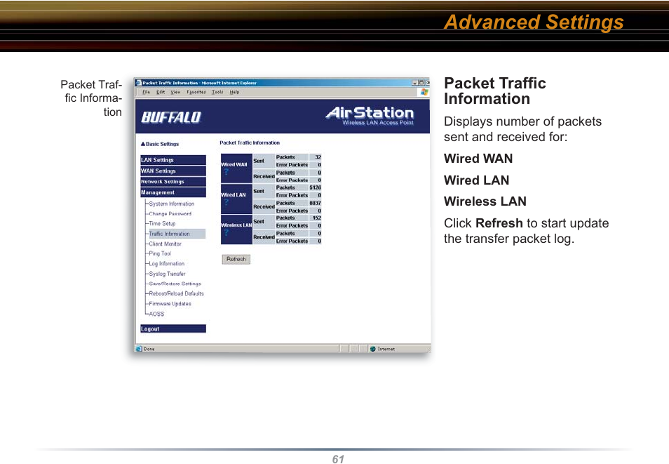 Advanced settings, Packet trafﬁ c information | Buffalo Technology WHR3-G54 User Manual | Page 61 / 95