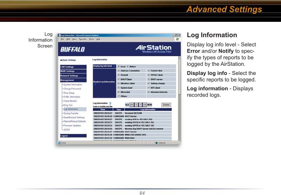 Advanced settings | Buffalo Technology WHR3-G54 User Manual | Page 64 / 95