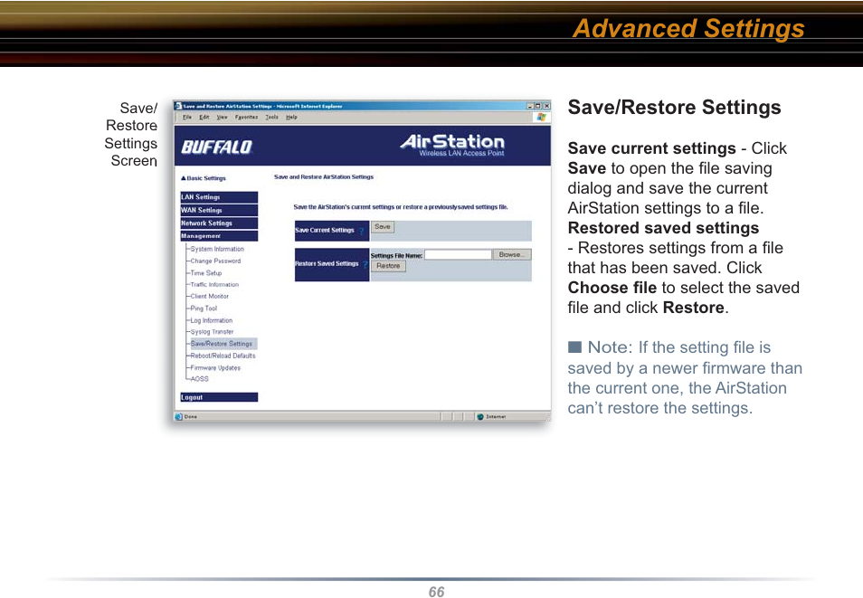 Advanced settings, Save/restore settings | Buffalo Technology WHR3-G54 User Manual | Page 66 / 95