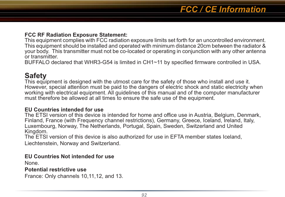 Fcc / ce information, Safety | Buffalo Technology WHR3-G54 User Manual | Page 92 / 95