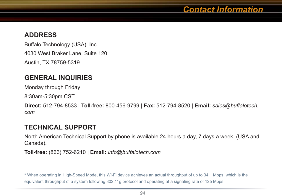 Contact information | Buffalo Technology WHR3-G54 User Manual | Page 94 / 95