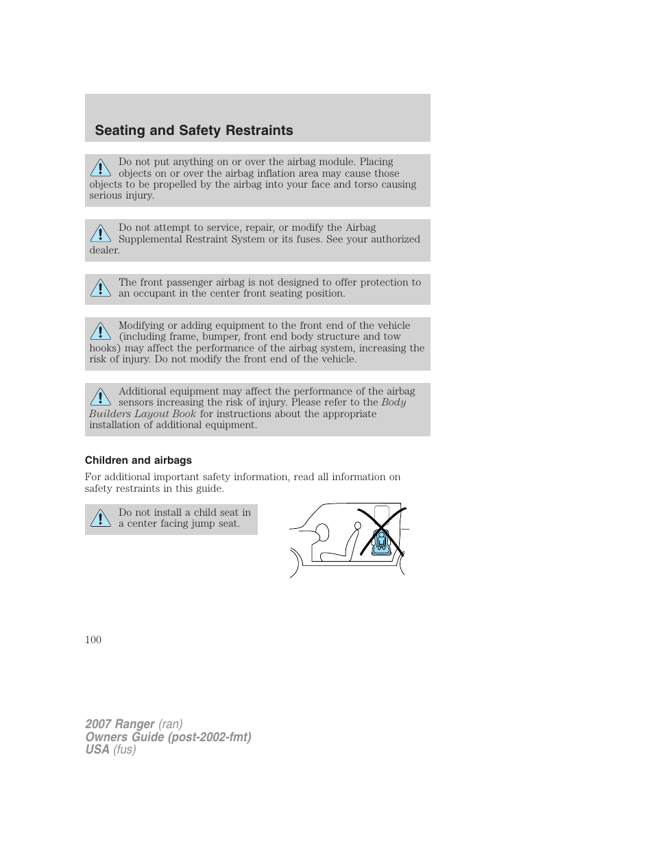 Children and airbags, Seating and safety restraints | FORD 2007 Ranger v.2 User Manual | Page 100 / 280
