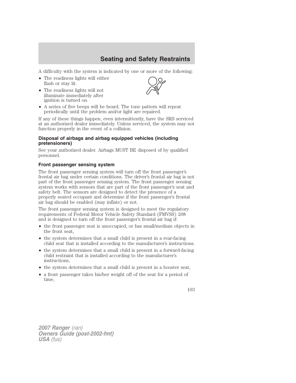 Front passenger sensing system, Seating and safety restraints | FORD 2007 Ranger v.2 User Manual | Page 103 / 280