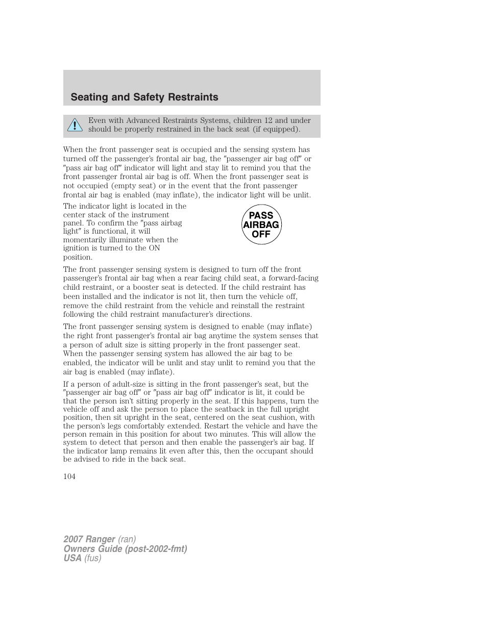 Seating and safety restraints | FORD 2007 Ranger v.2 User Manual | Page 104 / 280