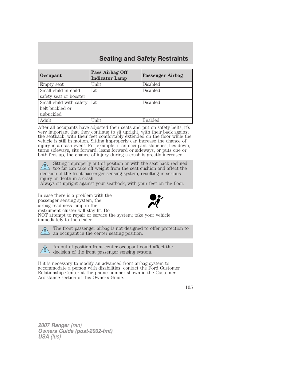Seating and safety restraints | FORD 2007 Ranger v.2 User Manual | Page 105 / 280