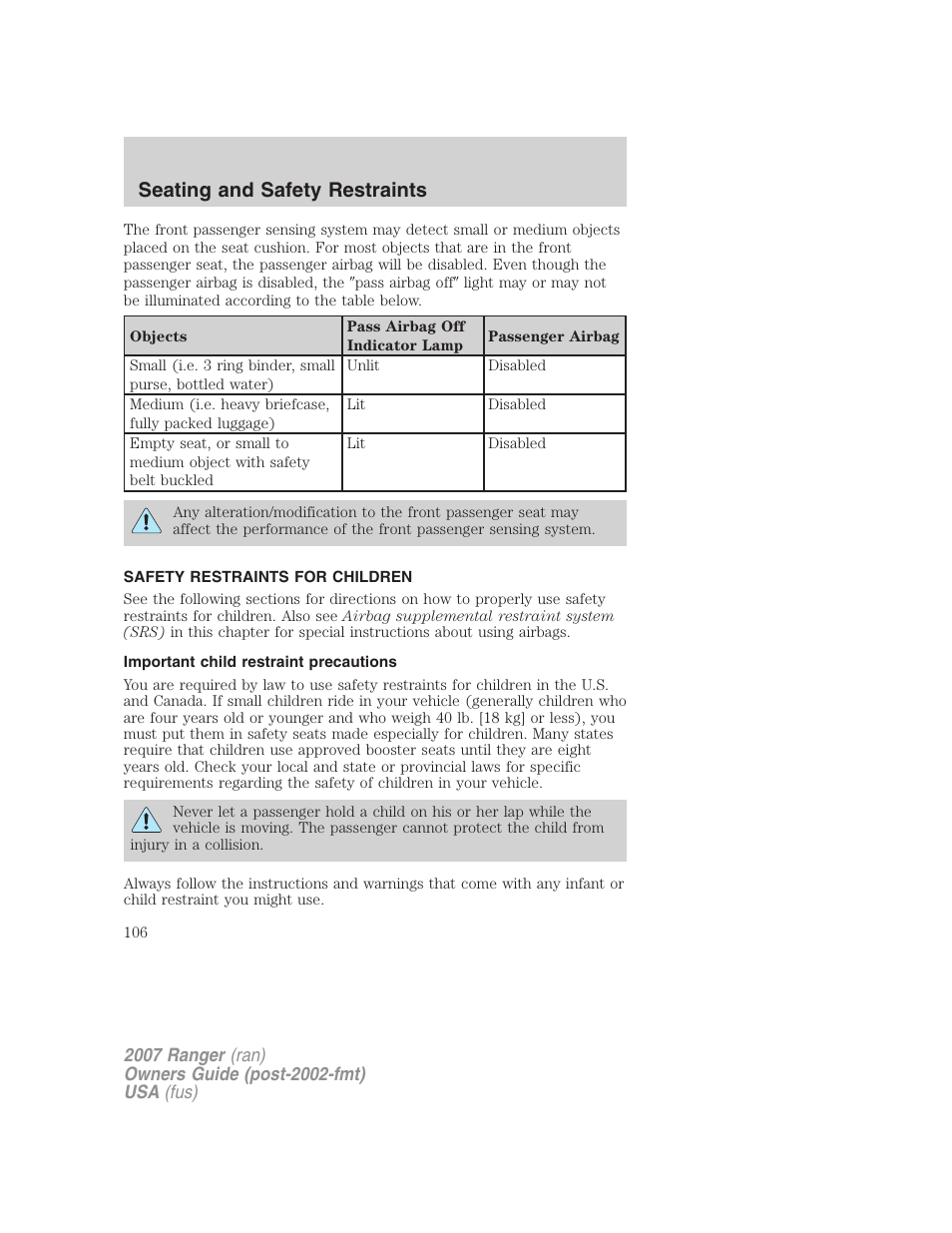Safety restraints for children, Important child restraint precautions, Child restraints | Seating and safety restraints | FORD 2007 Ranger v.2 User Manual | Page 106 / 280
