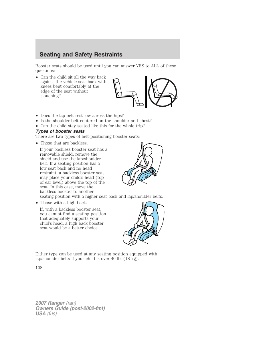 Types of booster seats, Seating and safety restraints | FORD 2007 Ranger v.2 User Manual | Page 108 / 280