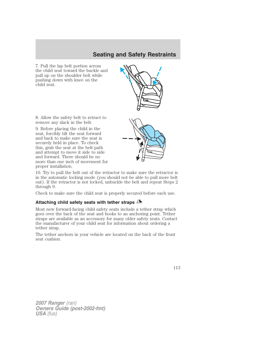 Attaching child safety seats with tether straps, Seating and safety restraints | FORD 2007 Ranger v.2 User Manual | Page 113 / 280