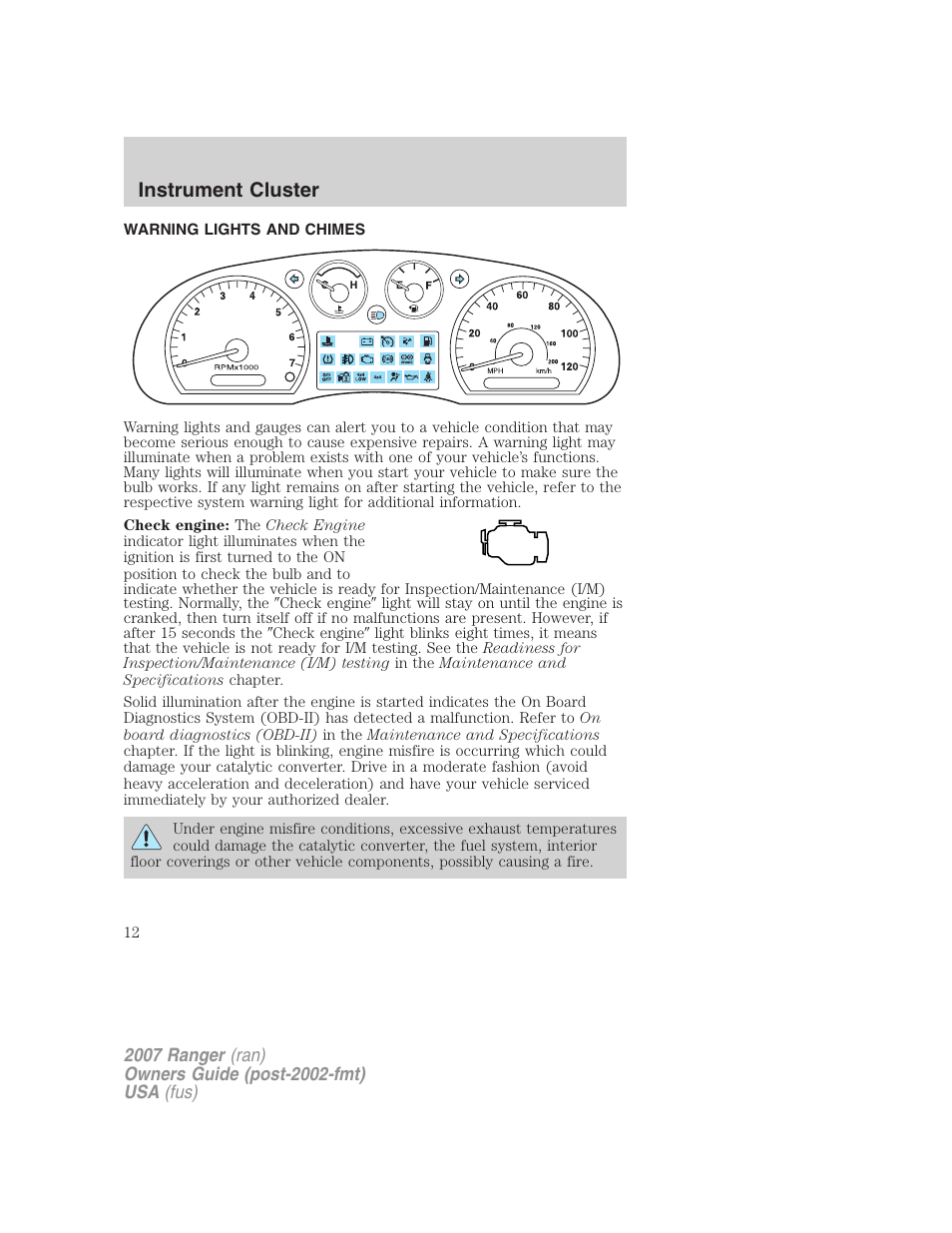 Instrument cluster, Warning lights and chimes | FORD 2007 Ranger v.2 User Manual | Page 12 / 280