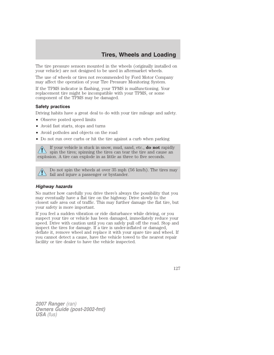 Safety practices, Highway hazards, Tires, wheels and loading | FORD 2007 Ranger v.2 User Manual | Page 127 / 280