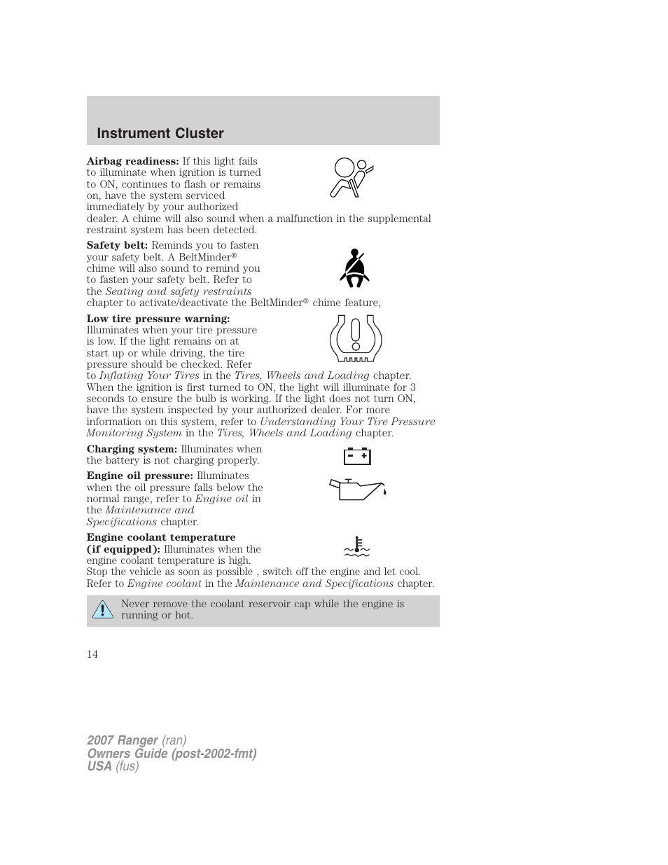 Instrument cluster | FORD 2007 Ranger v.2 User Manual | Page 14 / 280