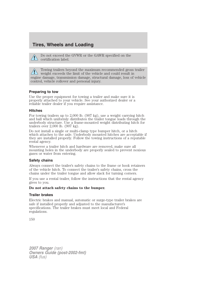 Preparing to tow, Hitches, Safety chains | Trailer brakes, Tires, wheels and loading | FORD 2007 Ranger v.2 User Manual | Page 150 / 280
