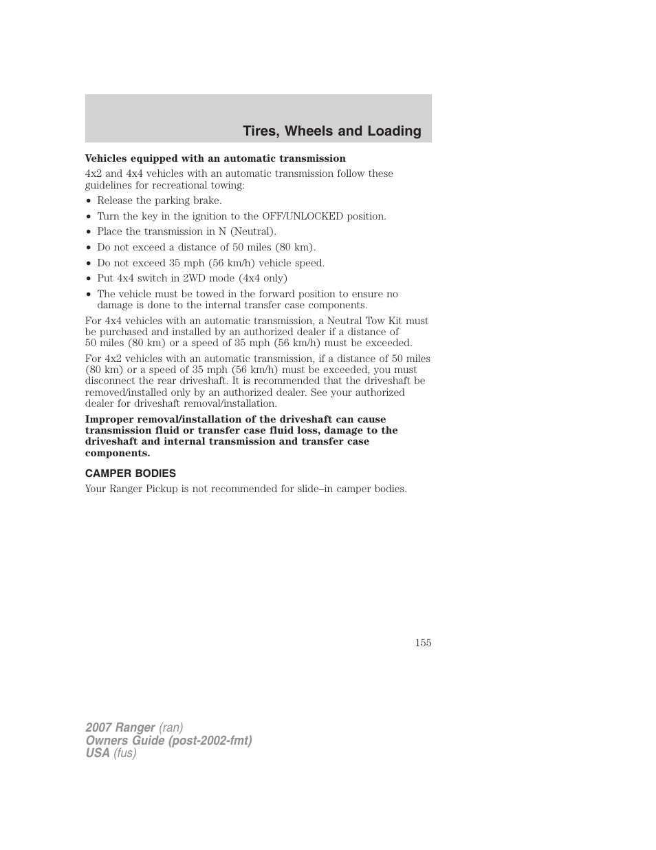 Camper bodies, Tires, wheels and loading | FORD 2007 Ranger v.2 User Manual | Page 155 / 280