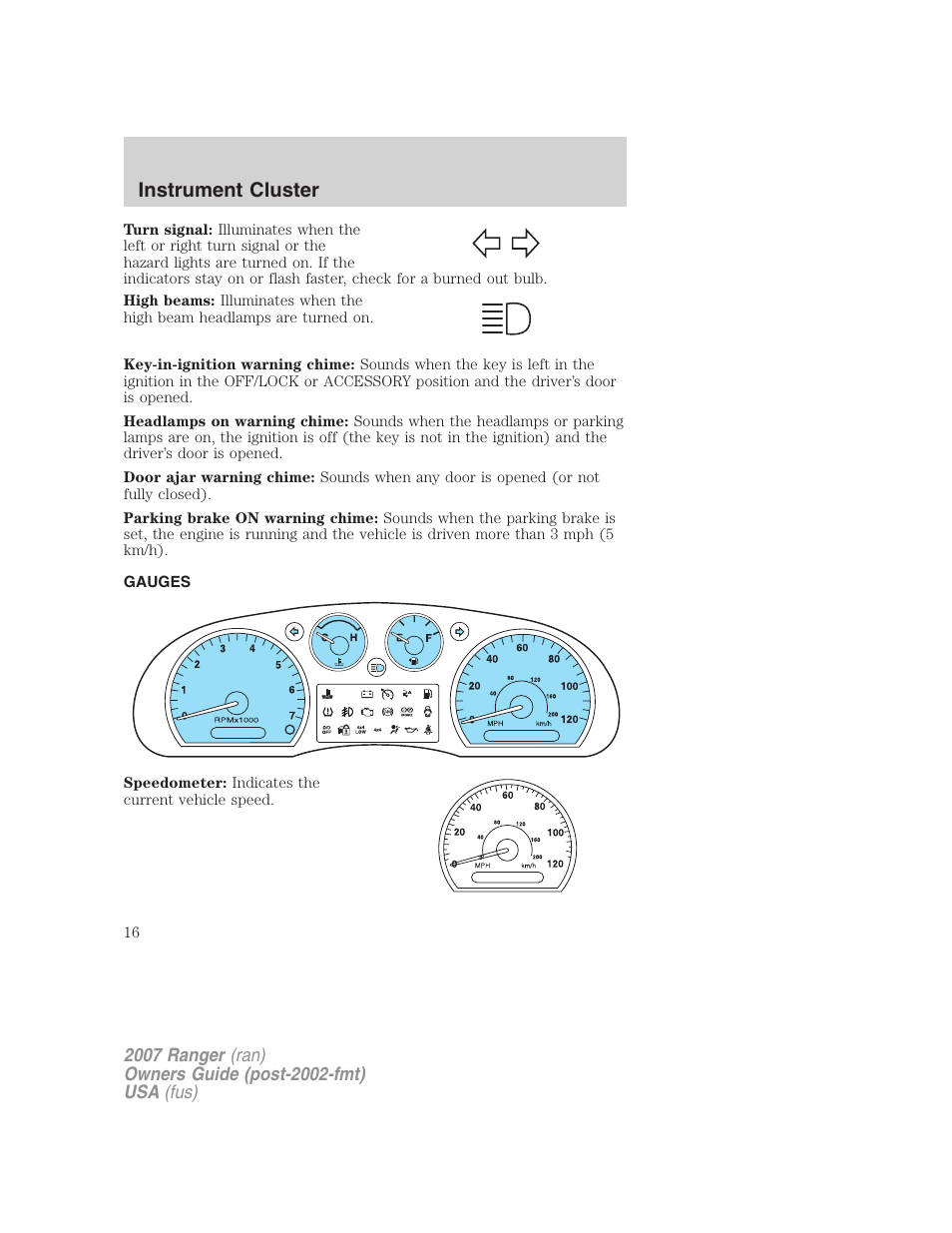 Gauges, Instrument cluster | FORD 2007 Ranger v.2 User Manual | Page 16 / 280