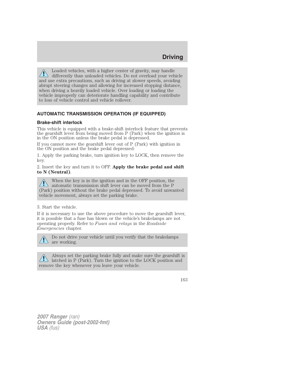 Automatic transmission operation (if equipped), Brake-shift interlock, Transmission operation | Driving | FORD 2007 Ranger v.2 User Manual | Page 163 / 280