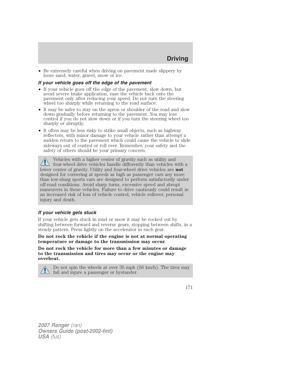 If your vehicle goes off the edge of the pavement, If your vehicle gets stuck, Driving | FORD 2007 Ranger v.2 User Manual | Page 171 / 280