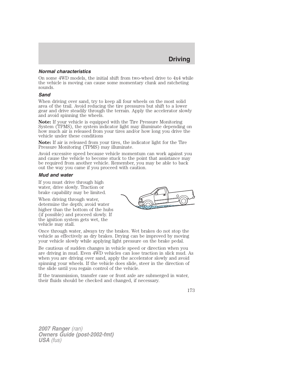 Normal characteristics, Sand, Mud and water | Driving | FORD 2007 Ranger v.2 User Manual | Page 173 / 280