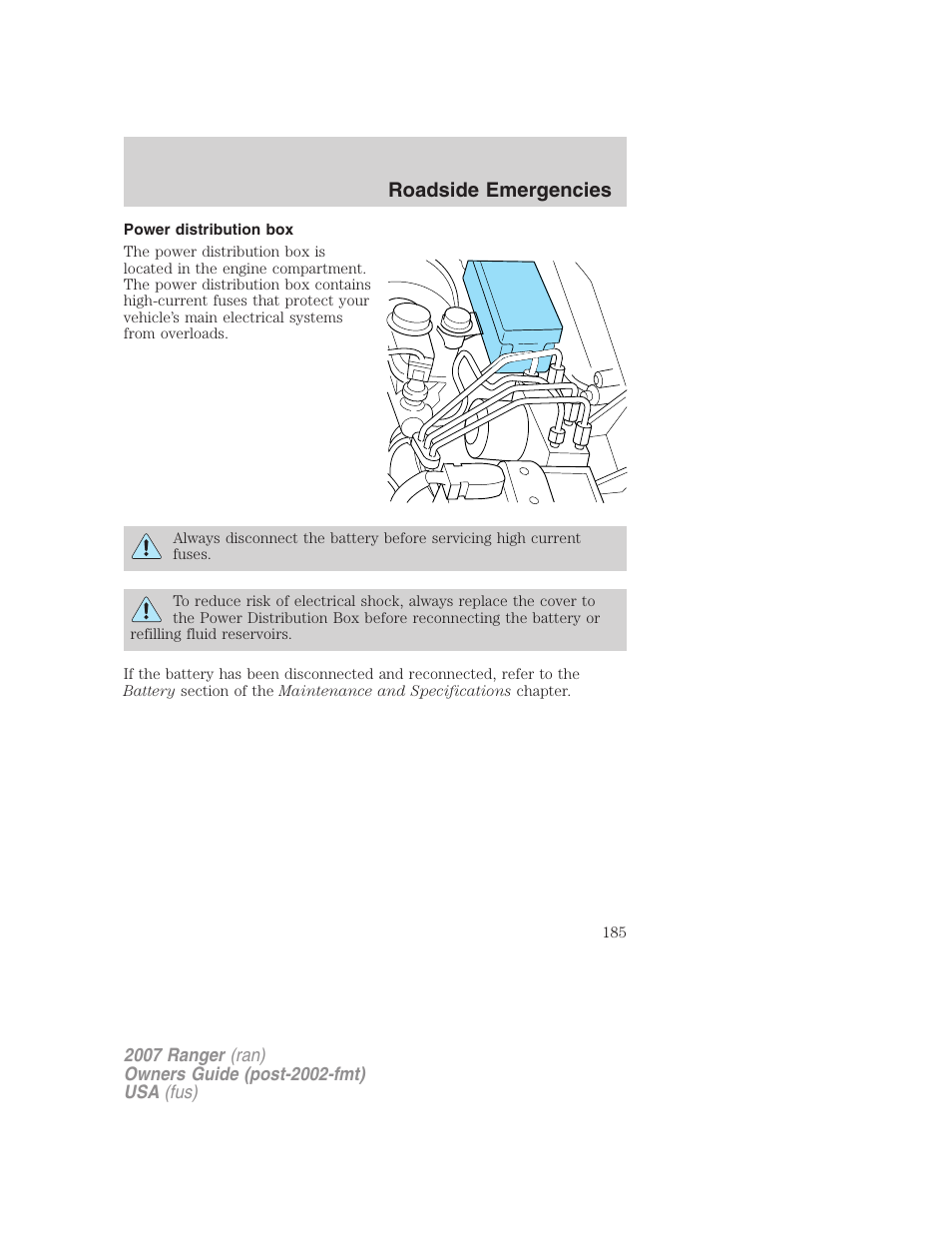 Power distribution box, Roadside emergencies | FORD 2007 Ranger v.2 User Manual | Page 185 / 280