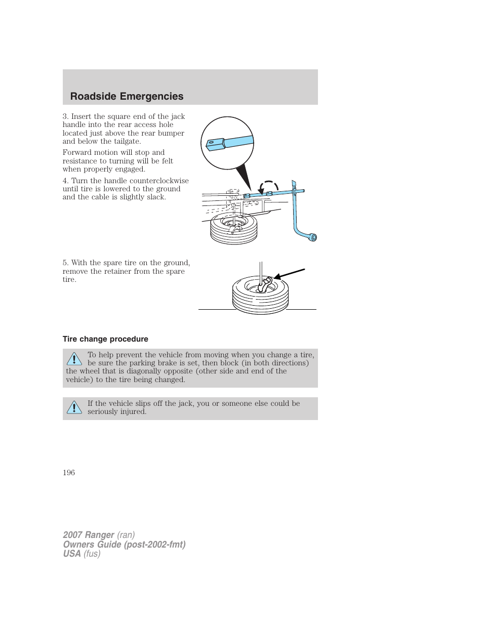 Tire change procedure, Roadside emergencies | FORD 2007 Ranger v.2 User Manual | Page 196 / 280
