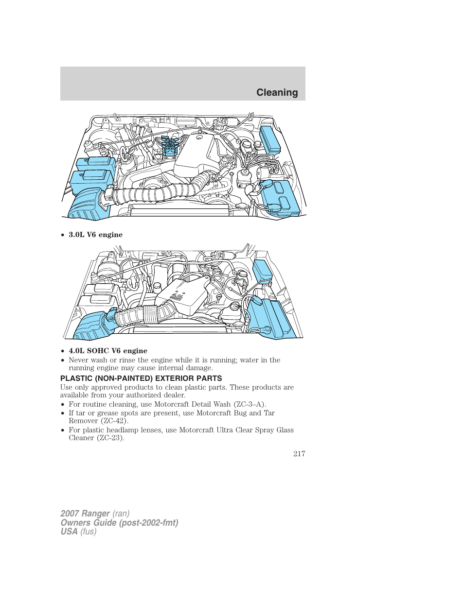 Plastic (non-painted) exterior parts, Cleaning | FORD 2007 Ranger v.2 User Manual | Page 217 / 280