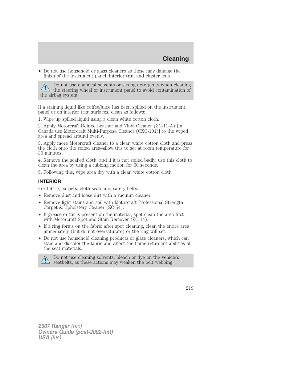 Interior, Cleaning | FORD 2007 Ranger v.2 User Manual | Page 219 / 280