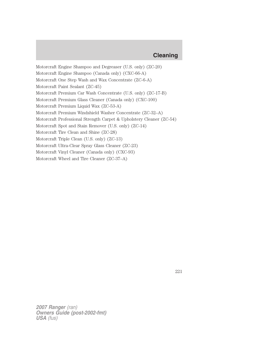 Cleaning | FORD 2007 Ranger v.2 User Manual | Page 221 / 280