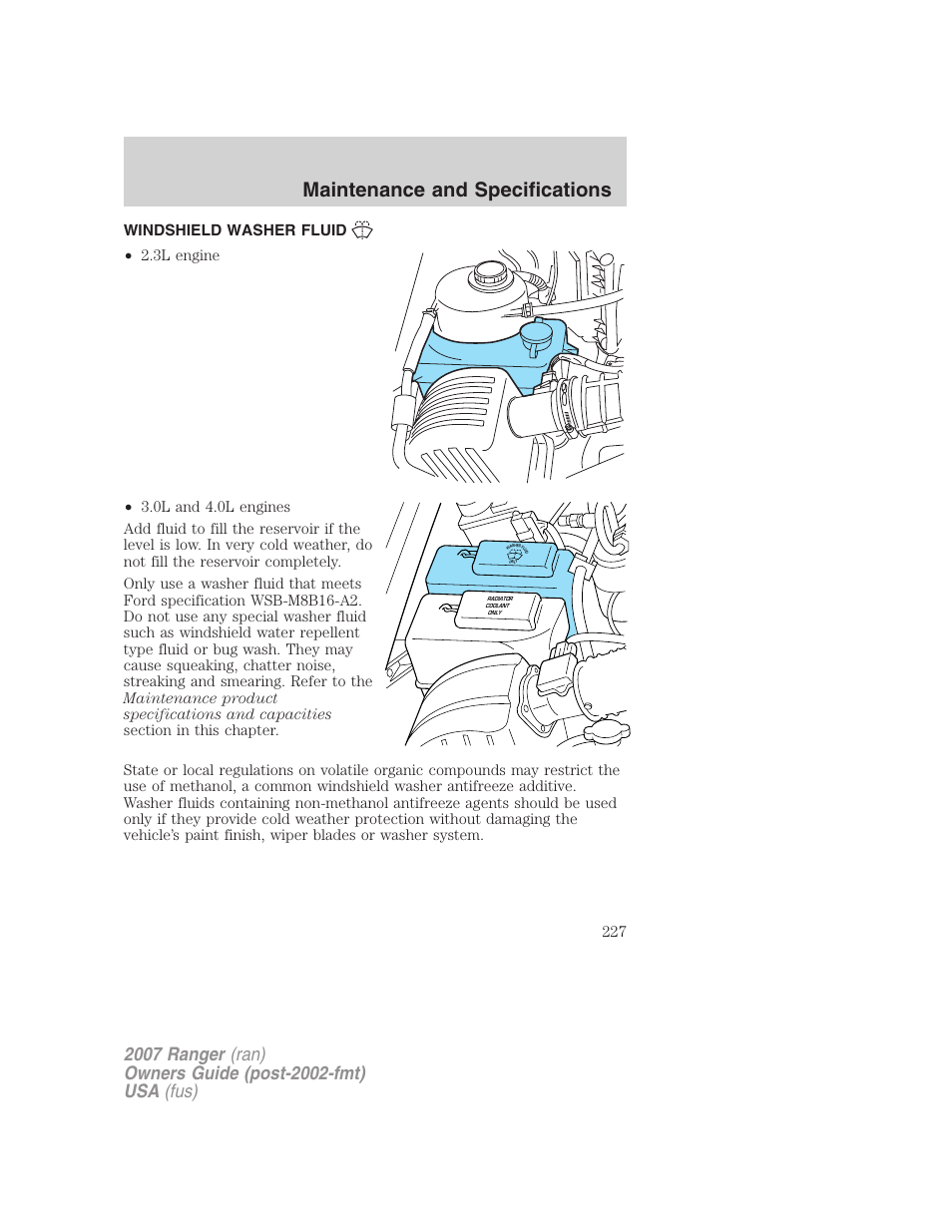 Windshield washer fluid, Maintenance and specifications | FORD 2007 Ranger v.2 User Manual | Page 227 / 280