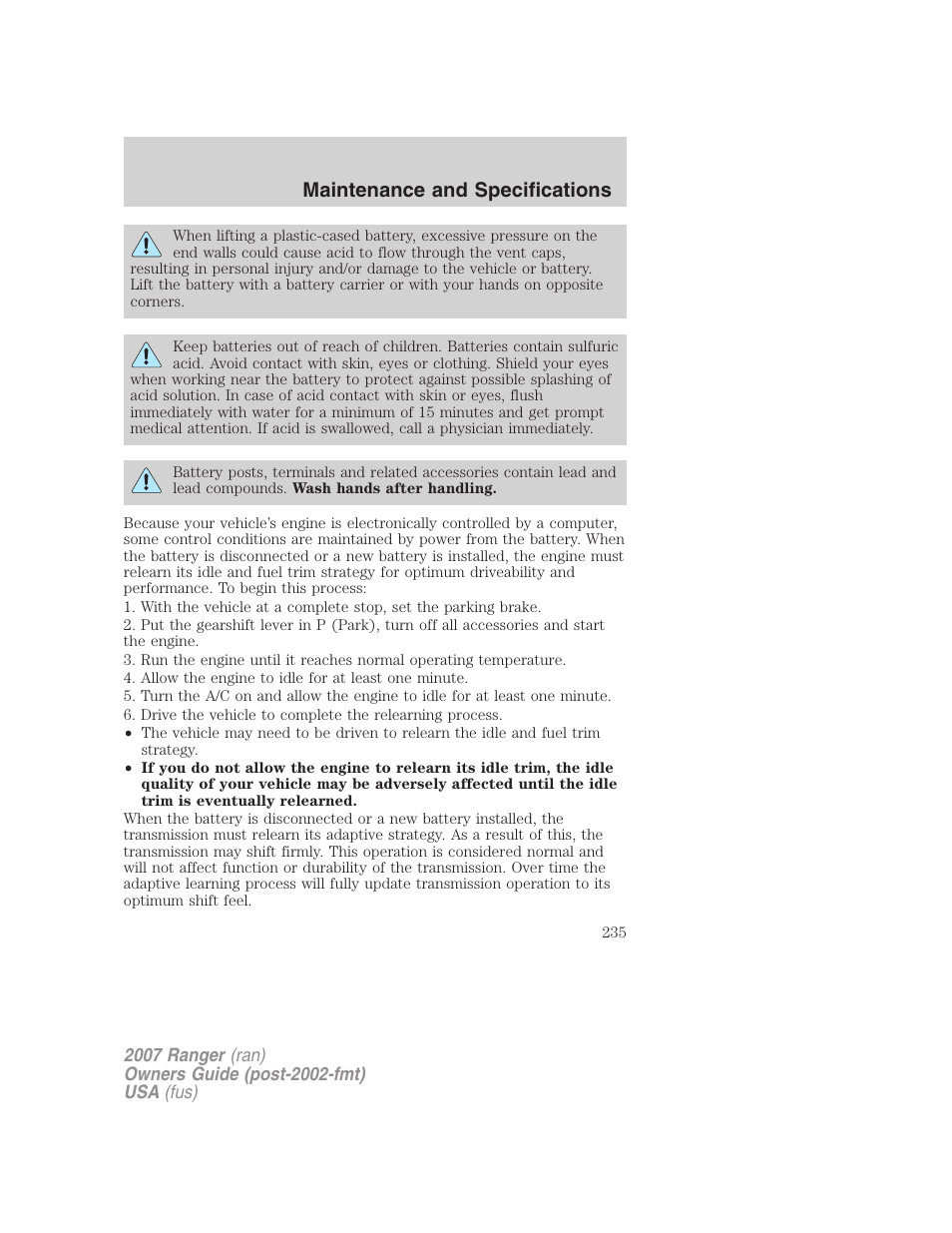 Maintenance and specifications | FORD 2007 Ranger v.2 User Manual | Page 235 / 280