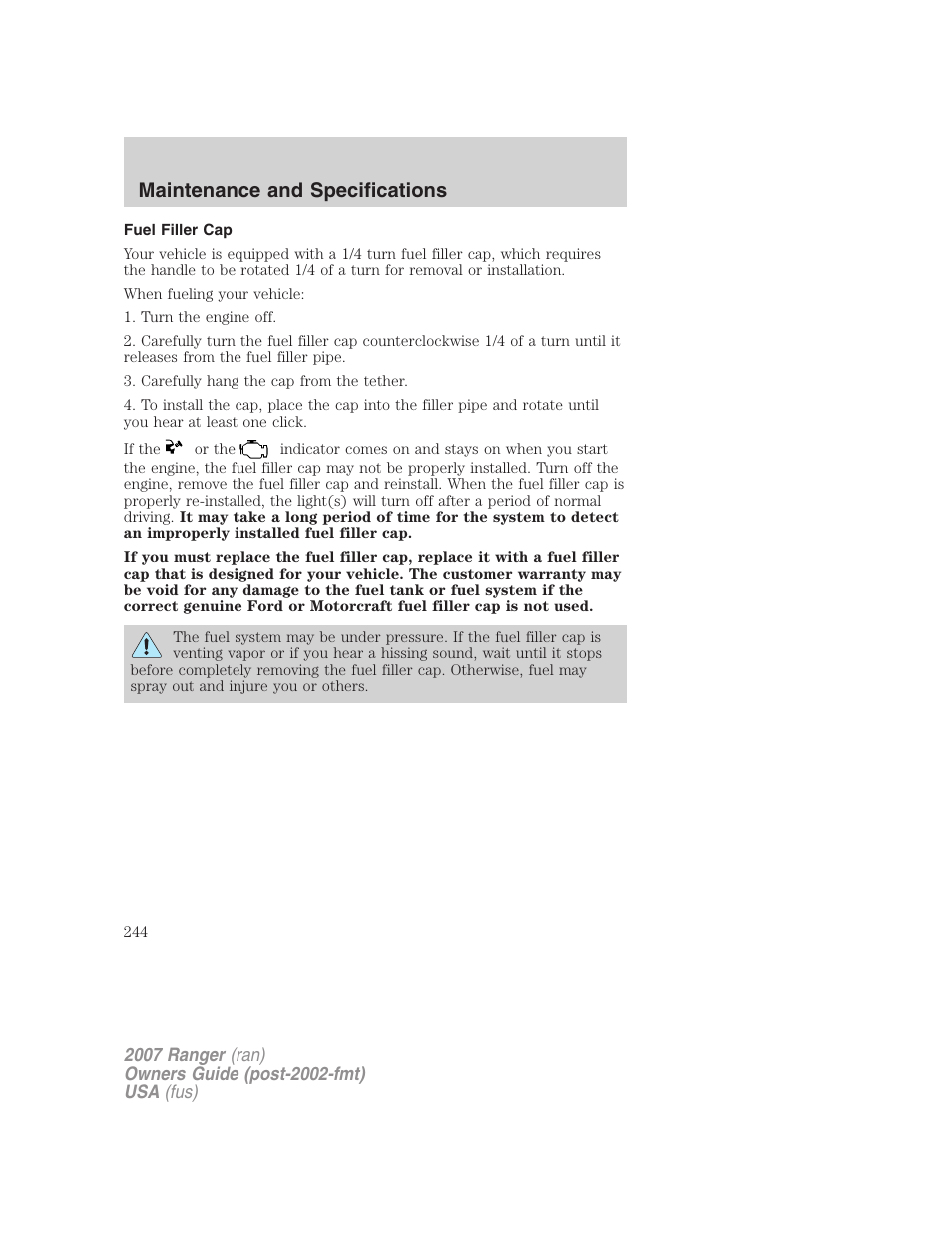 Fuel filler cap, Maintenance and specifications | FORD 2007 Ranger v.2 User Manual | Page 244 / 280