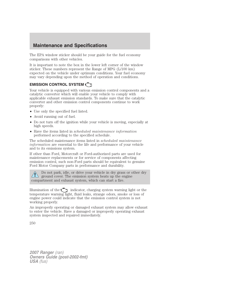 Emission control system, Maintenance and specifications | FORD 2007 Ranger v.2 User Manual | Page 250 / 280
