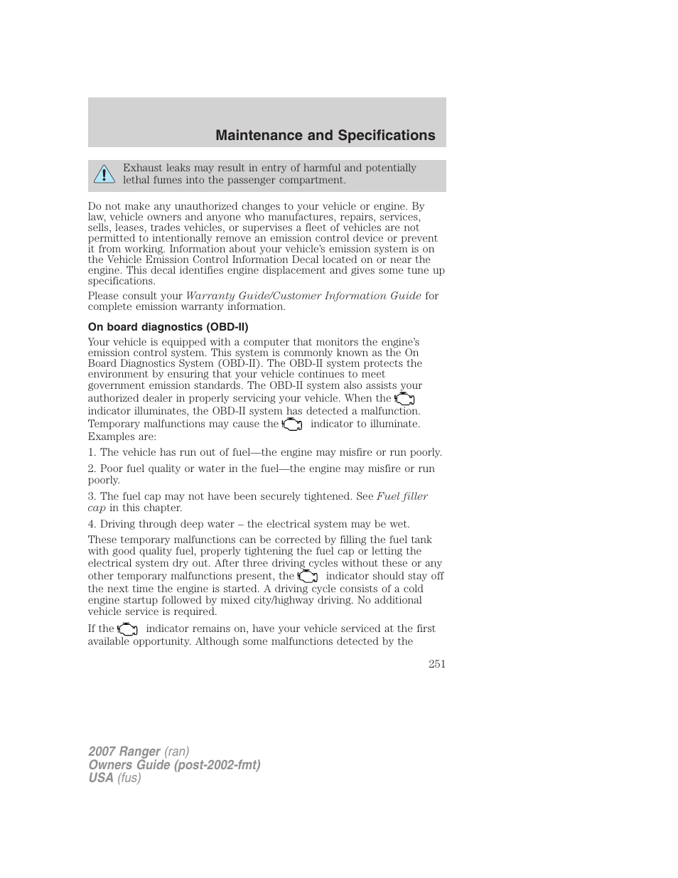 On board diagnostics (obd-ii), Maintenance and specifications | FORD 2007 Ranger v.2 User Manual | Page 251 / 280