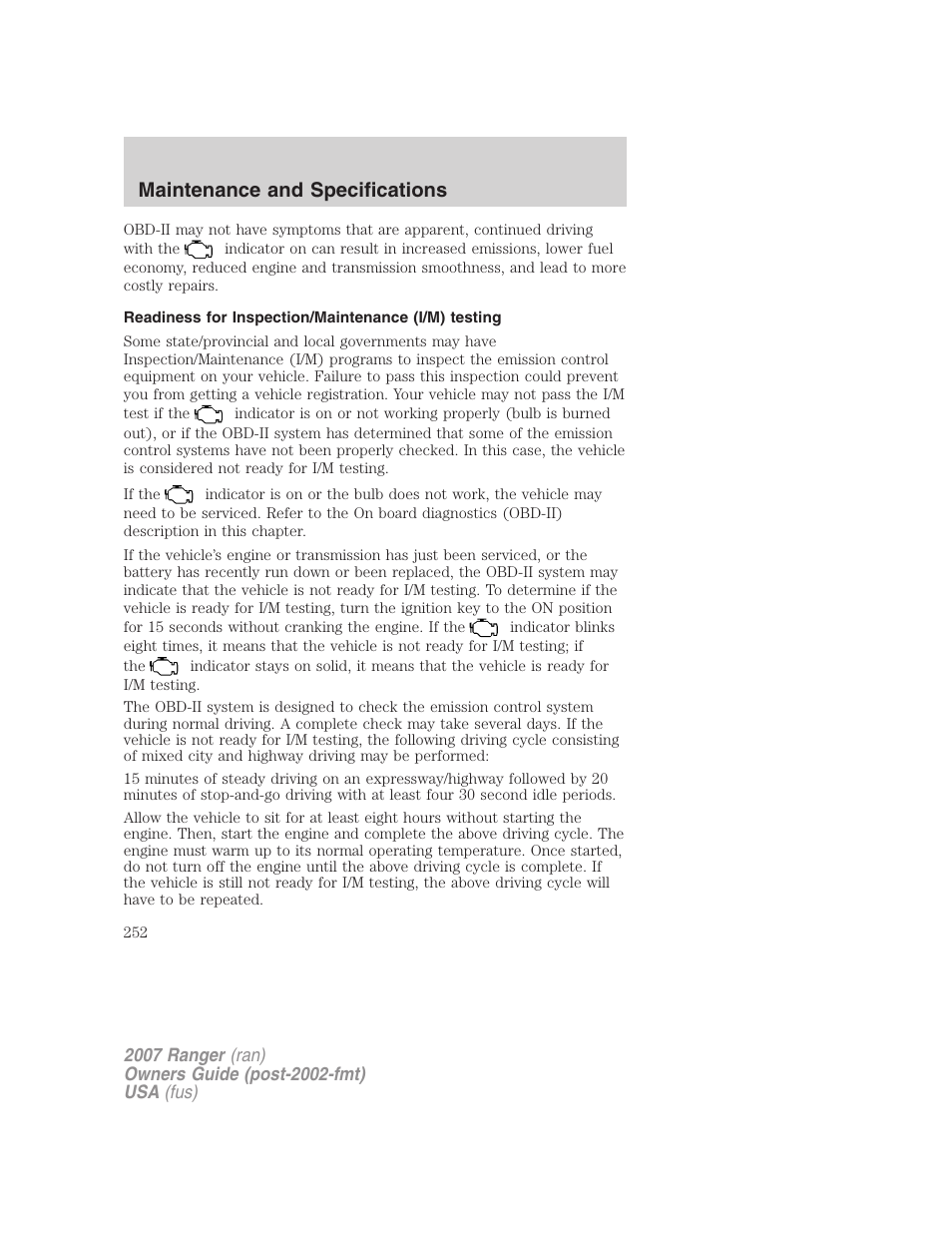 Readiness for inspection/maintenance (i/m) testing, Maintenance and specifications | FORD 2007 Ranger v.2 User Manual | Page 252 / 280