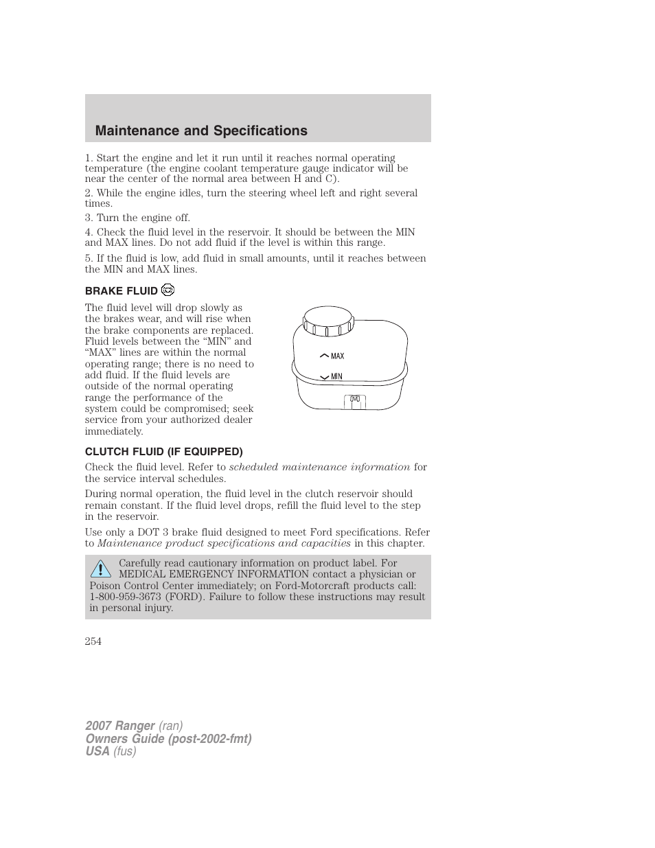 Brake fluid, Clutch fluid (if equipped), Maintenance and specifications | FORD 2007 Ranger v.2 User Manual | Page 254 / 280