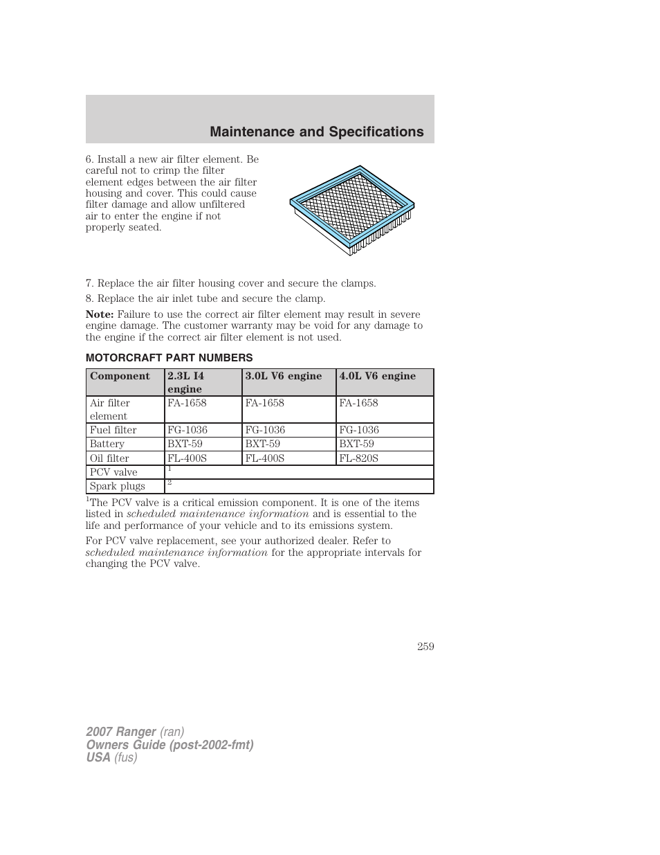 Motorcraft part numbers, Part numbers, Maintenance and specifications | FORD 2007 Ranger v.2 User Manual | Page 259 / 280