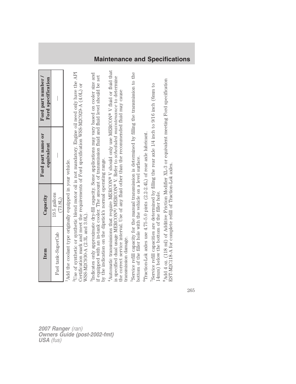 Maintenance and specifications | FORD 2007 Ranger v.2 User Manual | Page 265 / 280