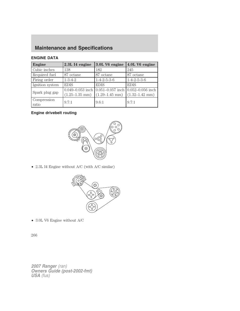 Engine data, Engine drivebelt routing, Maintenance and specifications | FORD 2007 Ranger v.2 User Manual | Page 266 / 280