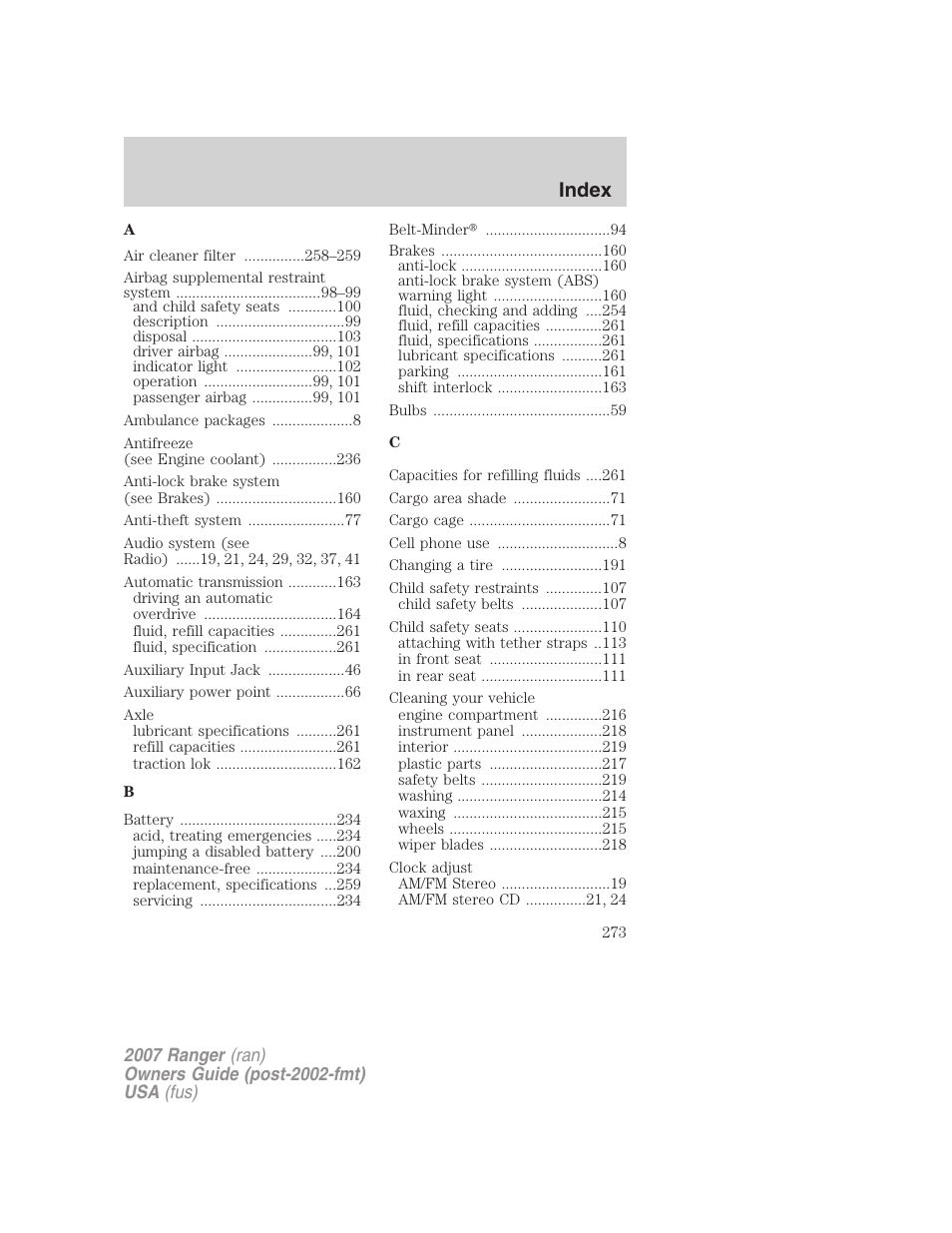 Index | FORD 2007 Ranger v.2 User Manual | Page 273 / 280