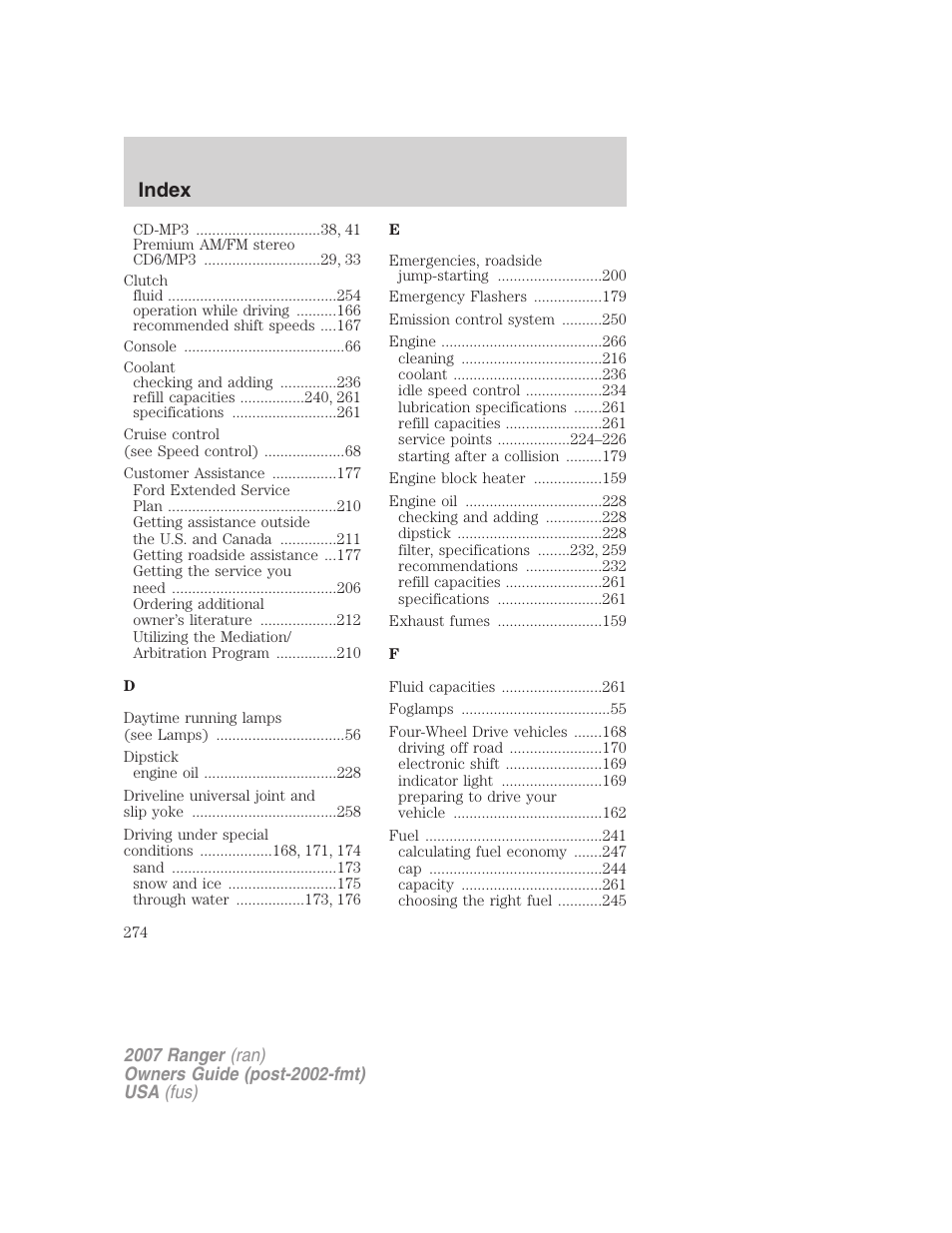 Index | FORD 2007 Ranger v.2 User Manual | Page 274 / 280