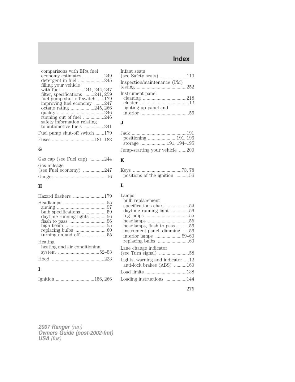 Index | FORD 2007 Ranger v.2 User Manual | Page 275 / 280