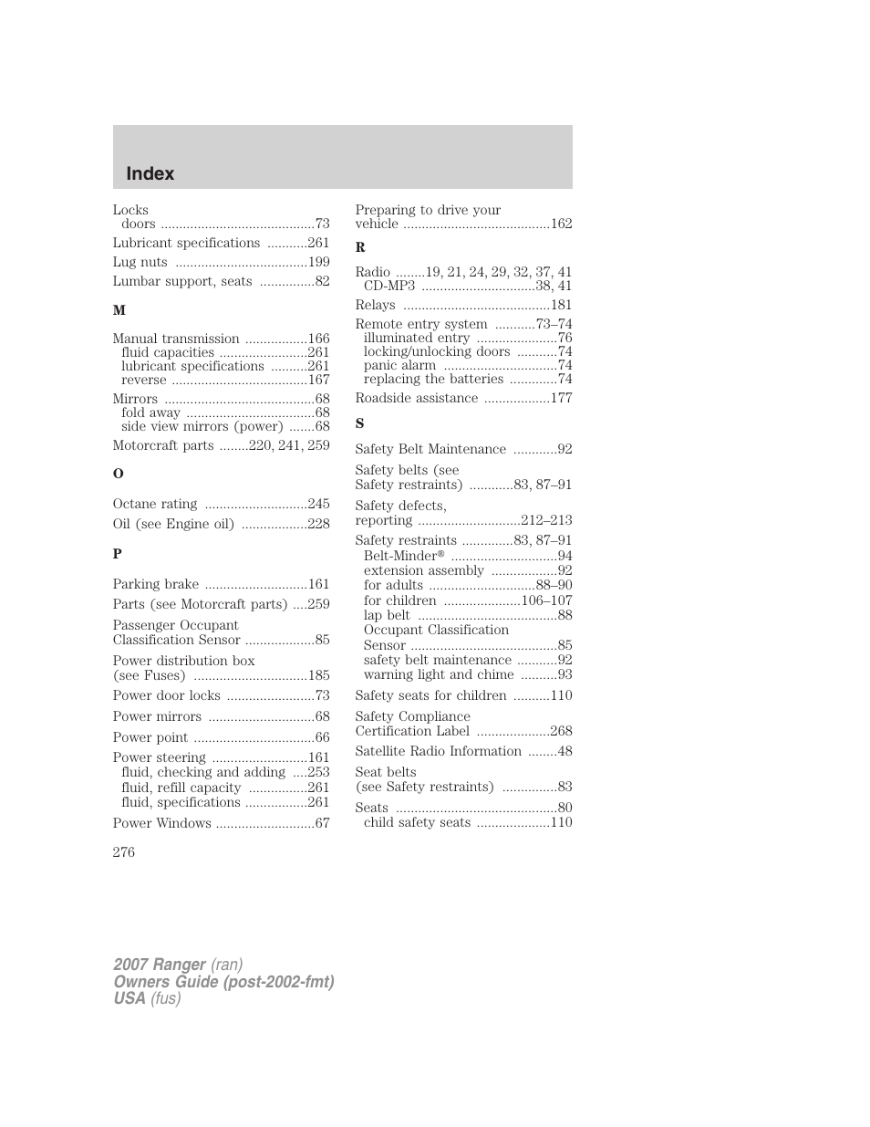 Index | FORD 2007 Ranger v.2 User Manual | Page 276 / 280