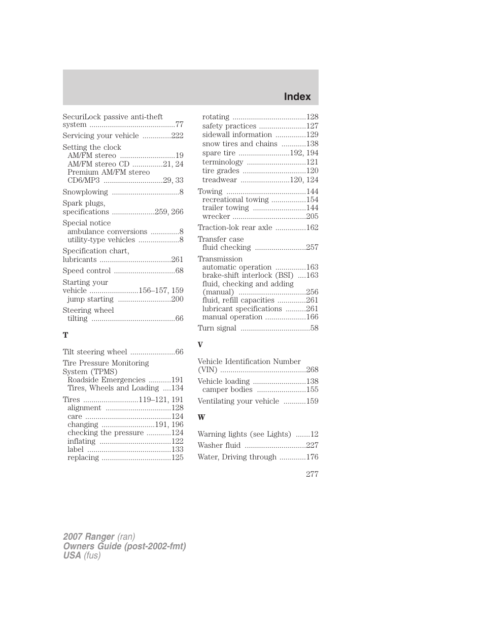 Index | FORD 2007 Ranger v.2 User Manual | Page 277 / 280