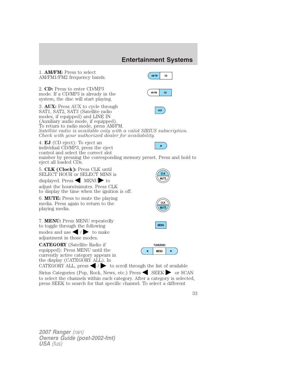 Entertainment systems | FORD 2007 Ranger v.2 User Manual | Page 33 / 280