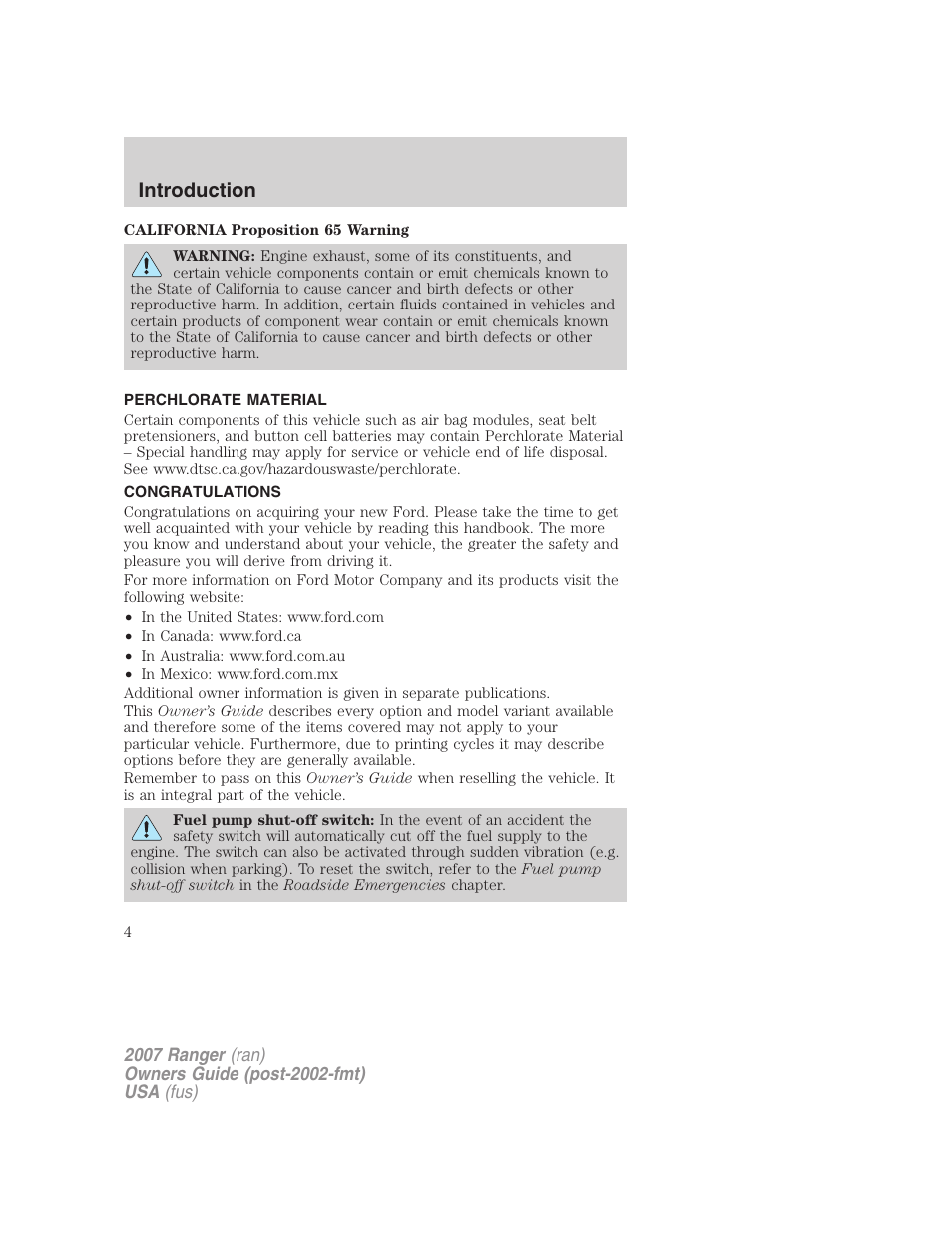 Introduction, Perchlorate material, Congratulations | FORD 2007 Ranger v.2 User Manual | Page 4 / 280