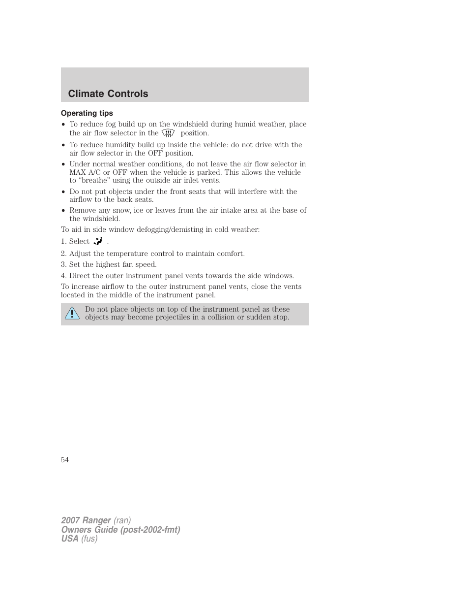 Operating tips, Climate controls | FORD 2007 Ranger v.2 User Manual | Page 54 / 280